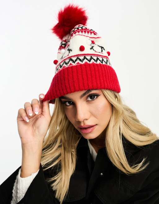 Boardmans penguin knit bobble beanie hat in red