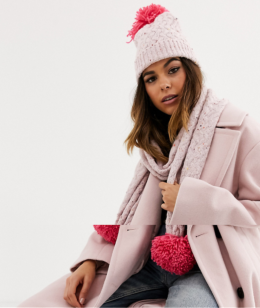 Boardmans pink marl knitted beanie and Scarf Gift Set with pink yarn pom