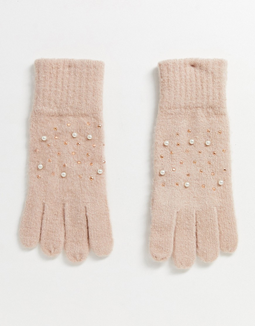 Boardmans Rib Knit Embellished Gloves-Pink