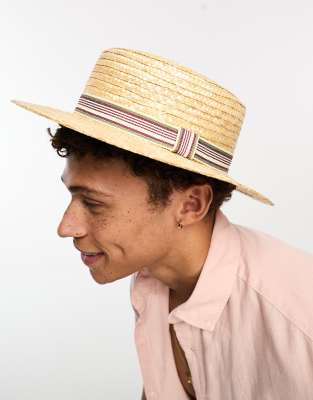 Boardmans Boardmans straw boater hat with striped trim-Neutral