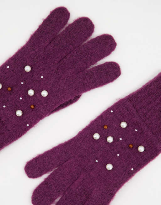 Boardmans – Strickhandschuhe in Beerenlila mit Strass- und Perlendetails, 4 von 4