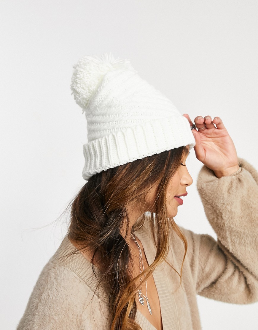 Boardmans textured knitted hat with yarn pom in cream