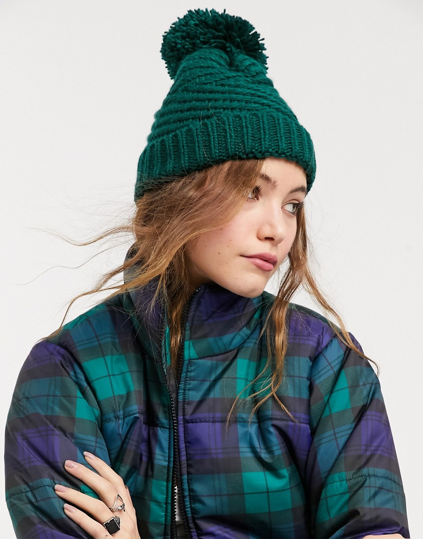 Boardmans textured knitted hat with yarn pom in green