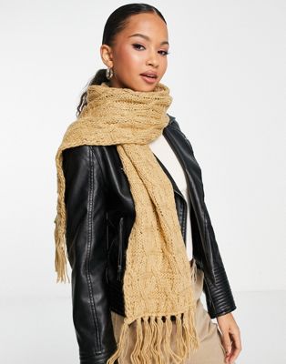 Boardmans textured knitted scarf with tassels in camel