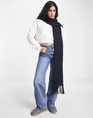 Boardmans textured knitted scarf with tassels in navy