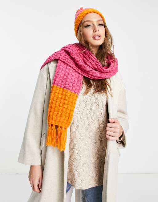 Plaid Colorblock Waffle Fringe Scarf