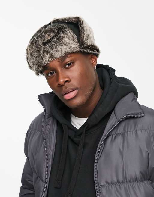 Boardmans waxed coated trapper hat with faux fur in khaki ASOS