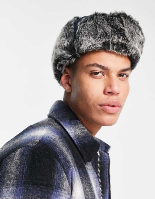 ASOS DESIGN trapper hat with badge in brown faux fur