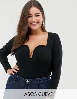 фото Боди с длинными рукавами и глубоким вырезом asos design curve-черный asos curve