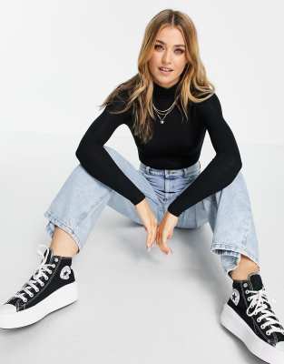   Asos Боди с длинными рукавами и отворачивающимся воротником Miss Selfridge-Черный цвет
