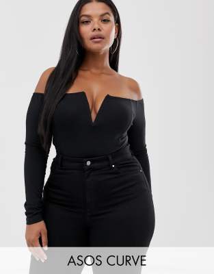 фото Боди с длинными рукавами и открытыми плечами asos design curve-черный asos curve