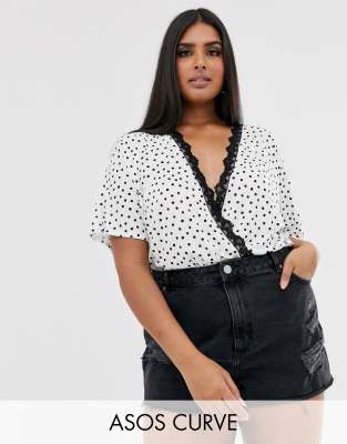 фото Боди в горошек с запахом и кружевной отделкой asos design curve-мульти asos curve