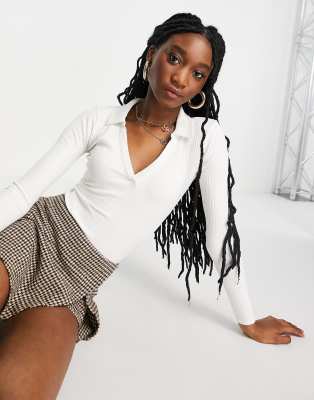   Asos Боди в рубчик с воротником, длинными рукавами и глубоким вырезом Miss Selfridge-Белый
