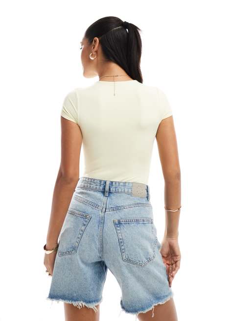 Body amarillo pastel de manga corta de tejido suave de Miss Selfridge, 4 de 4