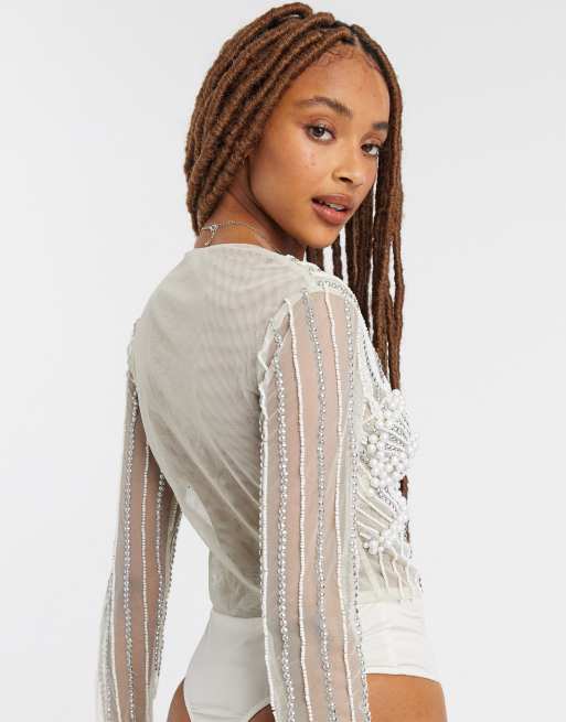 Body blanco con adornos de perlas de ASOS DESIGN, 2 de 4