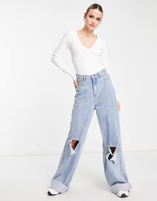 Body blanco de manga larga con cuello de pico y ribete de encaje de ASOS DESIGN Tall, 3 de 4