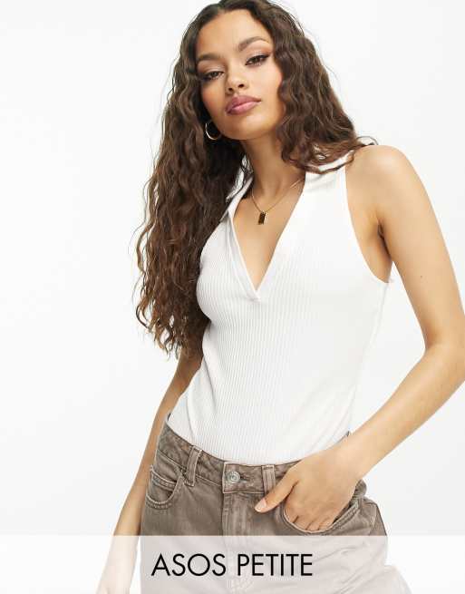 Body blanco tipo polo de canalé de ASOS DESIGN Petite