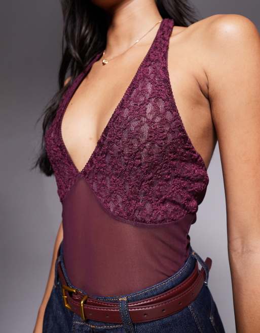 Body color ciruela con cuello halter de encaje y malla de ASOS DESIGN, 3 de 4