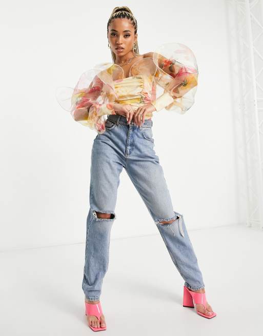 Body con estampado floral, escote Bardot y aros de encaje de ASOS LUXE, 4 de 4