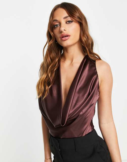 ASOS DESIGN racer tank top satin stretch bodysuit in dark brown