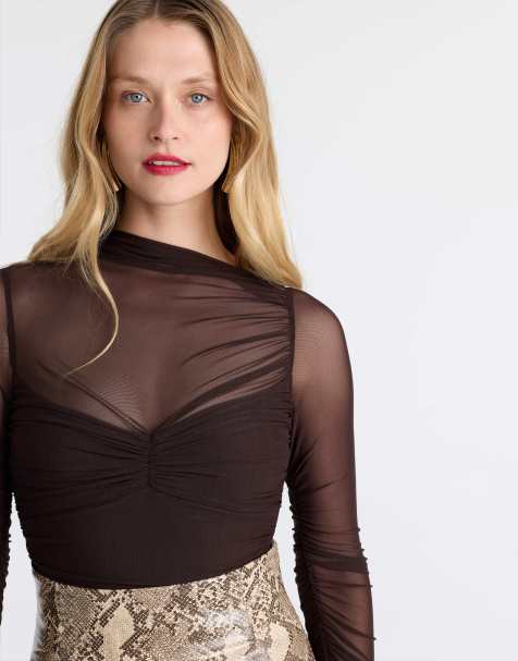 Body en tulle transparent asymétrique à col montant froncé couleur chocolat - view 1