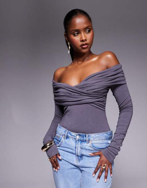 Body gris carbón fruncido de manga larga con escote Bardot y detalle drapeado de Princess Polly - view 1