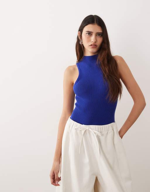 Body largo azul cobalto con espalda de nadadora de punto acanalado suave de ARRANGE, 3 de 4