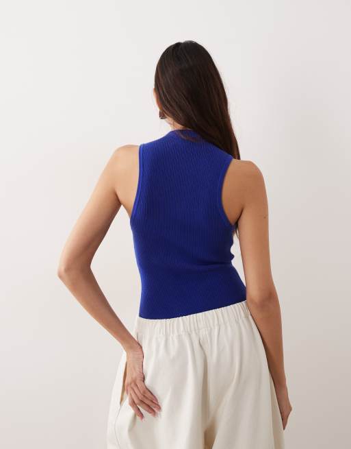 Body largo azul cobalto con espalda de nadadora de punto acanalado suave de ARRANGE, 4 de 4