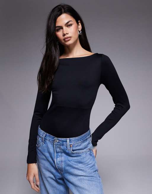 Body negro ceñido con cuello barco de poliamida de ASOS DESIGN