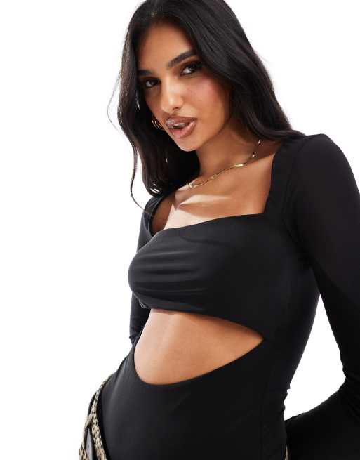 Body negro ceñido de manga larga con abertura de ASOS DESIGN, 2 de 4