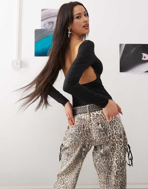 Body negro ceñido de manga larga con diseño de doble capa, cuello ancho y espalda al aire de Princess Polly - view 1