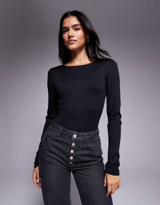 Body negro ceñido de manga larga con espalda abierta de poliamida de ASOS DESIGN, 3 de 4