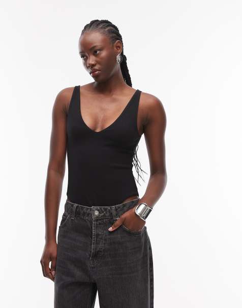 Body negro con cuello de pico de punto compacto de algodón de ASOS DESIGN - view 1