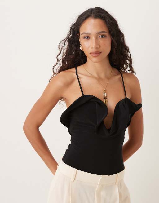 Body negro con cuello halter y detalle de volante de ASOS DESIGN