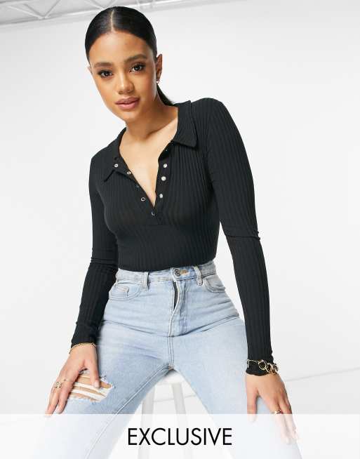 Body negro con cuello tipo polo de canalé de Missguided