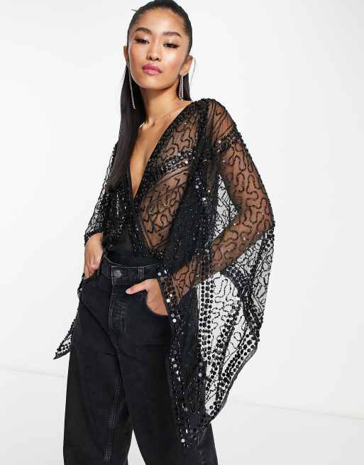 Body negro con manga kimono y diseño adornado premium de Frock and Frill