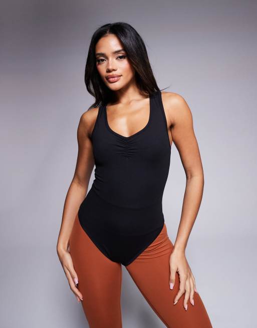 Body negro con parte delantera fruncida de tejido suave de 4505 
