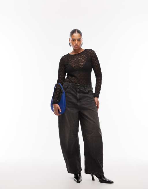 Body negro de manga larga con cordones de encaje transparente de ASOS DESIGN Curve, 2 de 4