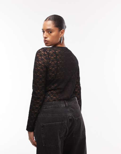Body negro de manga larga con cordones de encaje transparente de ASOS DESIGN Curve, 3 de 4