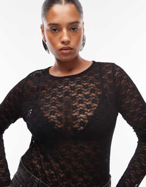 Body negro de manga larga con cordones de encaje transparente de ASOS DESIGN Curve, 4 de 4