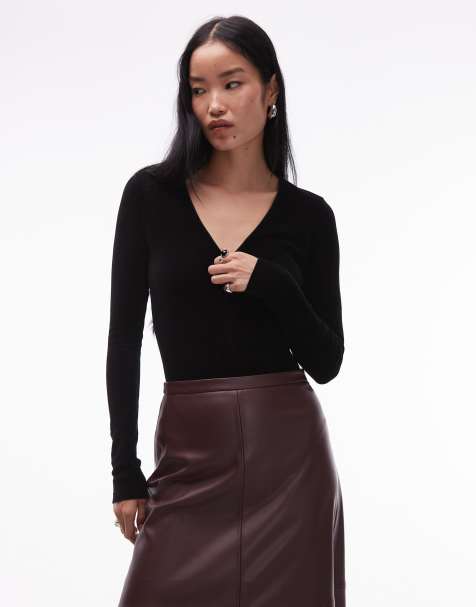 Body negro de manga larga con cuello de pico pronunciado de terciopelo puro de ARKET - view 1