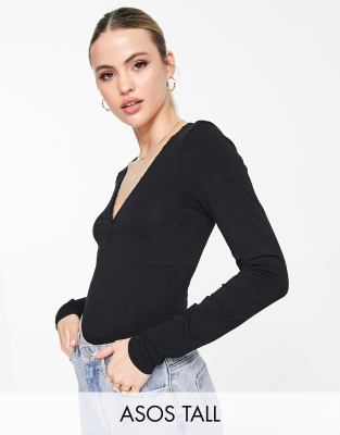 Body negro de manga larga con cuello de pico y ribete de encaje de ASOS  DESIGN Tall