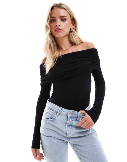 Body negro de manga larga con escote Bardot de Miss Selfridge Petite