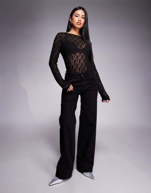 Body negro de manga larga con espalda escotada de encaje de ASOS DESIGN, 2 de 4