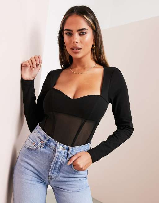 Body negro estilo corsé con escote corazón de malla de ASOS DESIGN