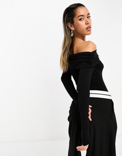 Body negro liso con escote Bardot vuelto de algodon y modal de ASOS DESIGN ASOS