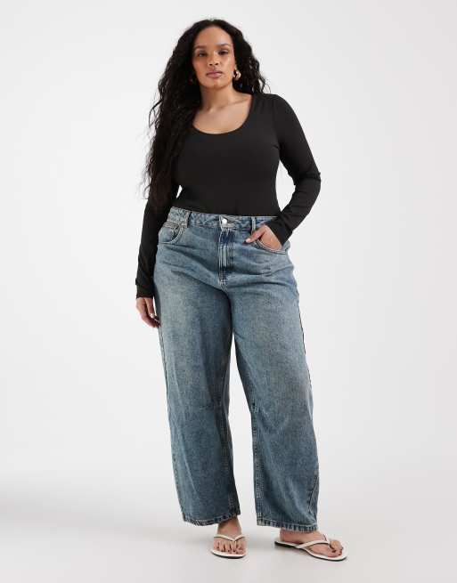 Body negro moldeador de manga larga con cuello ancho de ASOS DESIGN Curve, 2 de 4