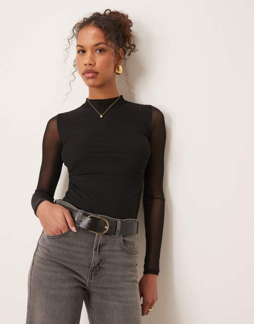 Body negro tipo tanga de manga larga con lateral fruncido de malla de New Look