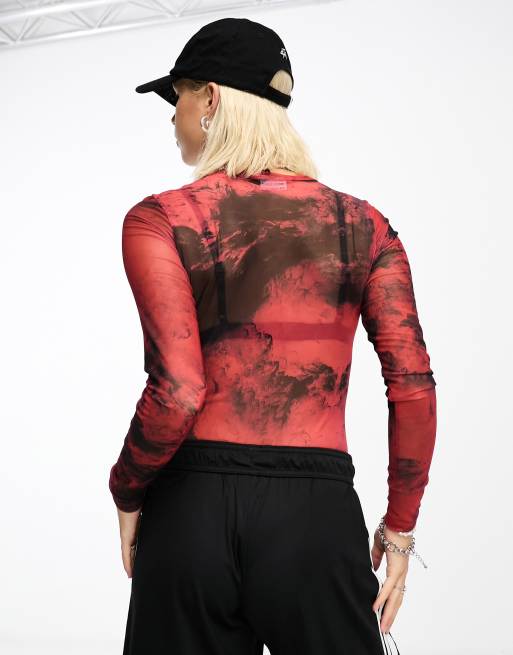 Body rojo y negro estampado de manga larga con cuello redondo de malla de ASOS DESIGN, 3 de 4