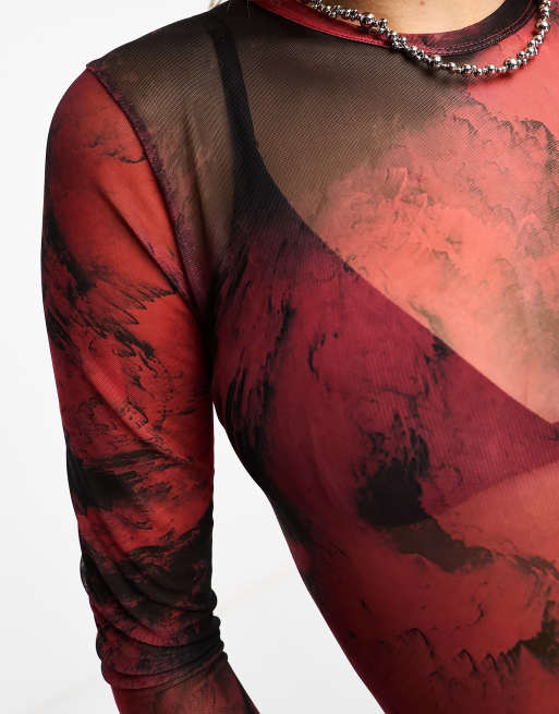 Body rojo y negro estampado de manga larga con cuello redondo de malla de ASOS DESIGN, 4 de 4